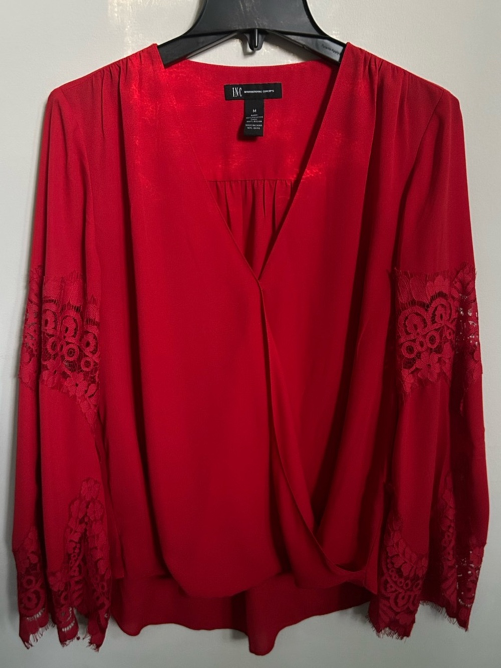 INC International Concepts Red Lace-Trim Blouse, Size Medium